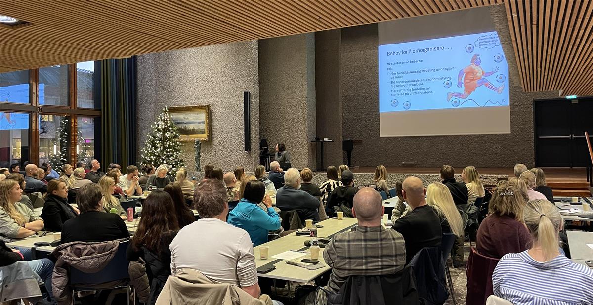 Ansatte i bo og habilitering ser på foredrag. - Klikk for stort bilde